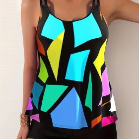 Geometric Pattern Multicolored Tankini Sets, Round Neck Boxer Short Bottom Two Pieces Swimsuit, Women's Swimwear & Clothing (Color: yellow, size: XL(12))